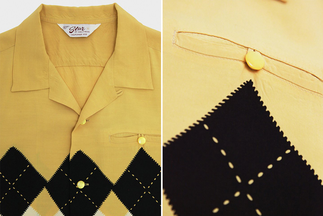 Sugar-Cane-Spins-a-Set-High-Density-Rayon-Shirts-black-white-and-yellow-front-collar-and-pocket