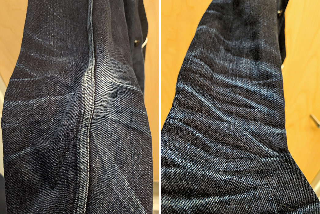 Fade-of-the-Day---Rogue-Territory-Shadow-Supply-Jacket-(3.5-Years,-7-Washes,-2-Soaks)-leg-side-and-back