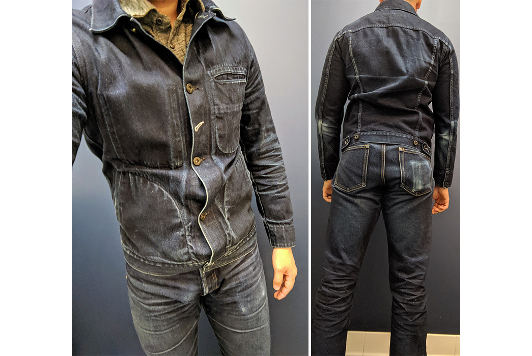Fade-of-the-Day---Rogue-Territory-Shadow-Supply-Jacket-(3.5-Years,-7-Washes,-2-Soaks)-model-front-back-detailed