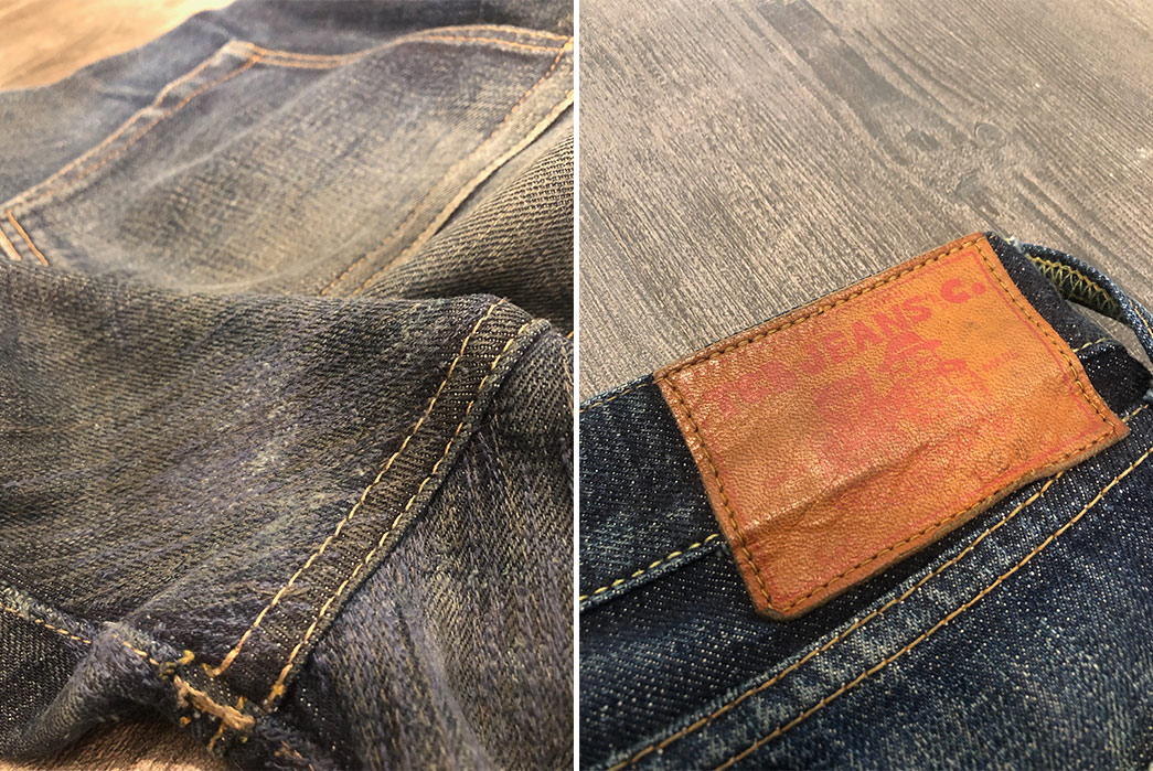 Fade-of-the-Day---TCB-Slim-50's-(1-Year,-11-Washes,-1-Soak)-between-legs-and-back-leather-patch