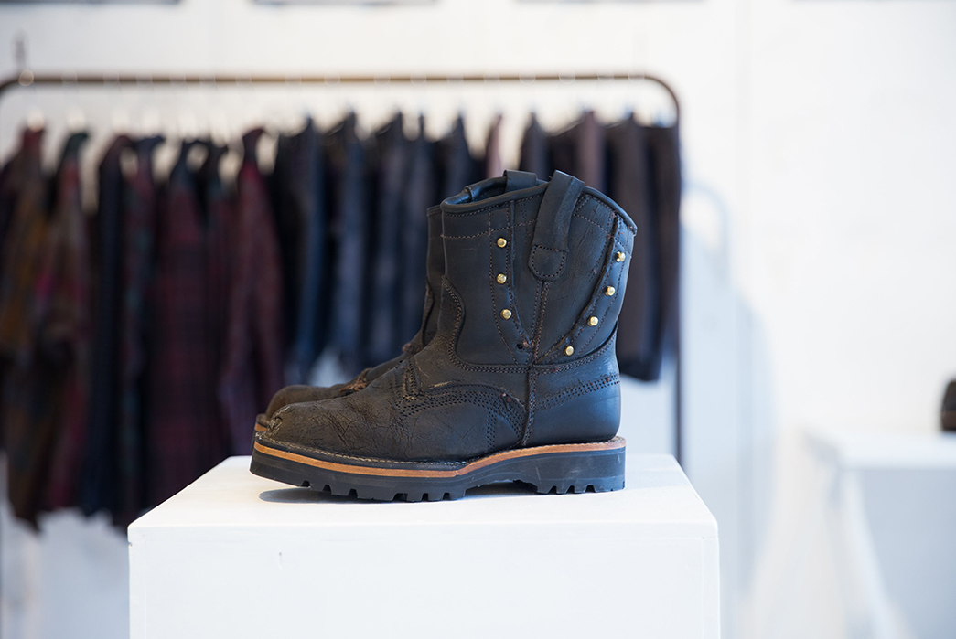 Viberg-Gets-Scrappy-for-Their-Collaboration-with-Needles-Rebuild-pair-of-boots-and-shirts