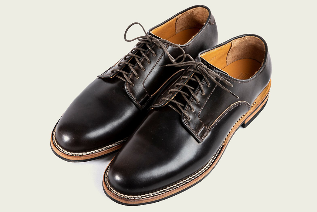 Viberg's-Digs-Their-Heels-Into-Shell-Cordovan-Derbies-brown-pair-front-side-top