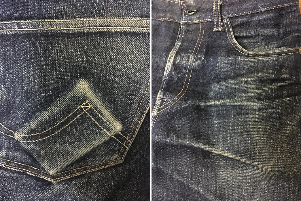 Fade-of-the-Day---Cheese-Denim-SF-09X-(14-Months,-1-Wash,-2-Soaks)-back-and-front-pocket and back leg