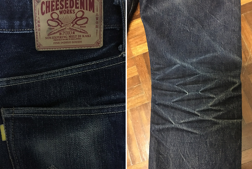 Fade-of-the-Day---Cheese-Denim-SF-09X-(14-Months,-1-Wash,-2-Soaks)-back-pocket-and-leather-patch