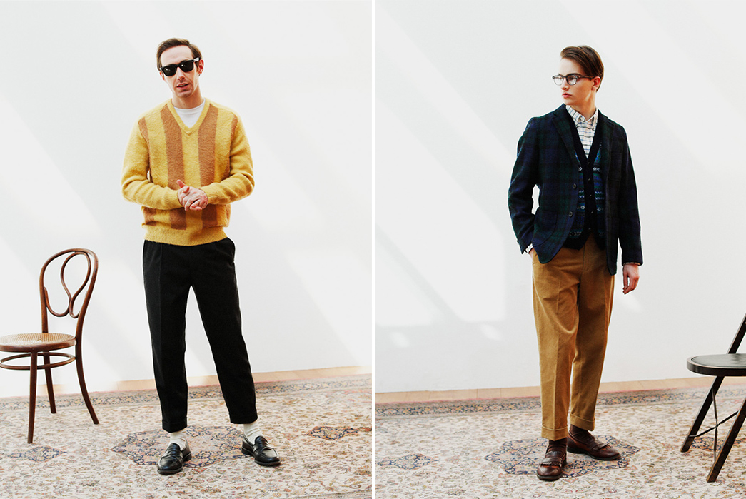 Beams-Plus-2019-Autumn-Lookbook-model-yellow-sweater-and-dark-jacket