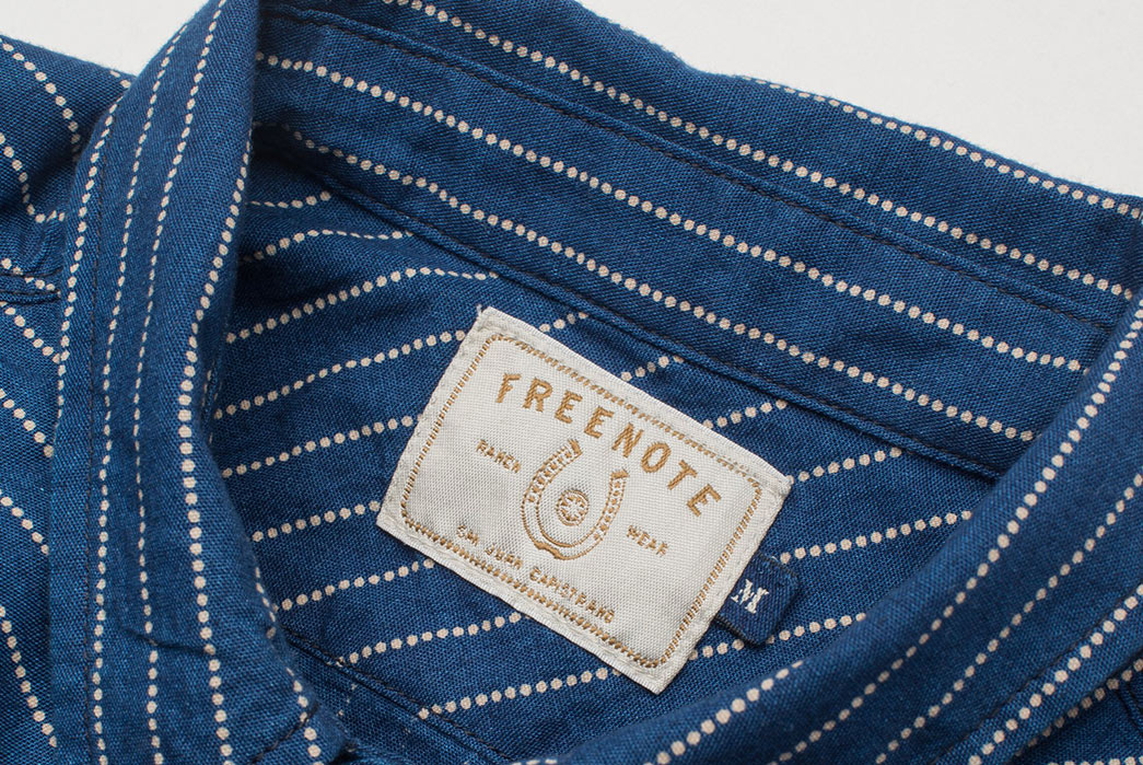 Freenote Cloth Calico Shirt in Estate Indigo front collar and inside brand