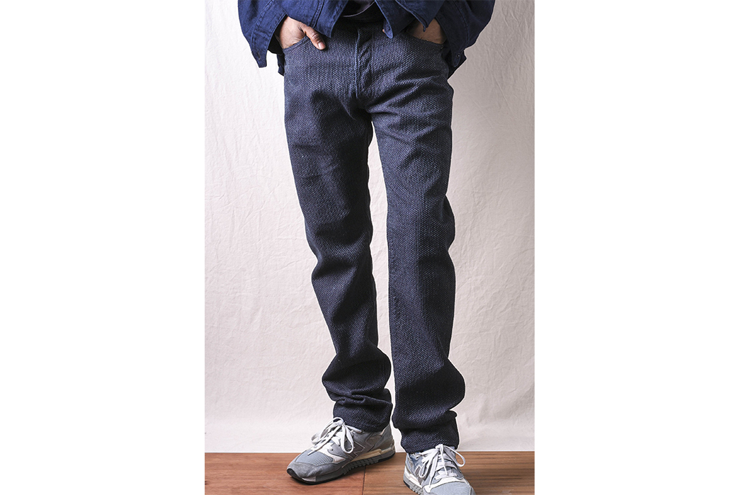 Pure Blue Japan 1158 Sashiko Cinch Back Pants model