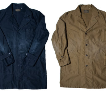 Sugar-Cane-Looks-to-Aged-Moleskin-For-Its-French-Work-Coat-fronts-blue-and-brown