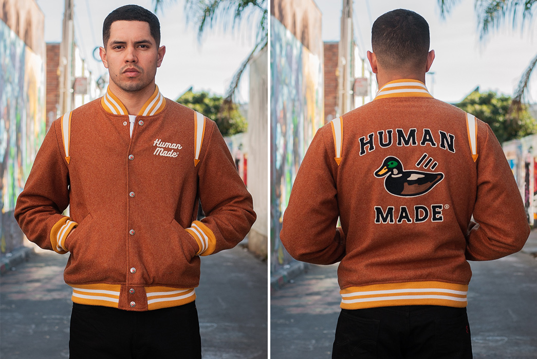 Human-Made's-Latest-Varsity-Is-Quirky-and-Reversible-model-brown-front-back