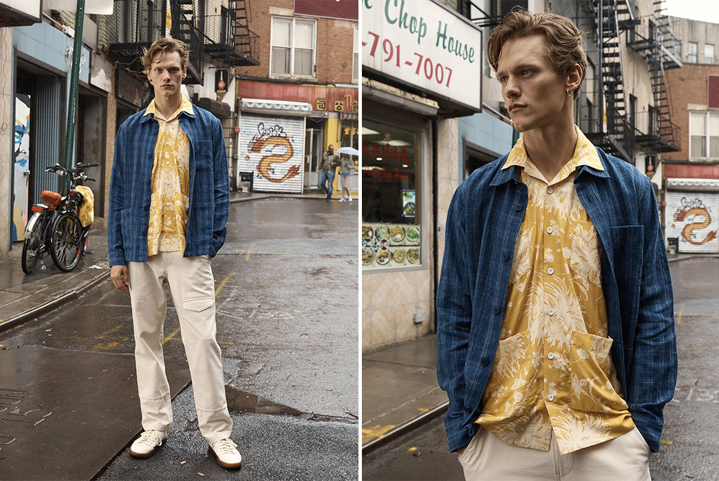 Corridor-NYC-Springs-Into-SS20-With-a-Pattern-Laden-Collection-model-front-blue-jacket-and-light-yellow-pants-2