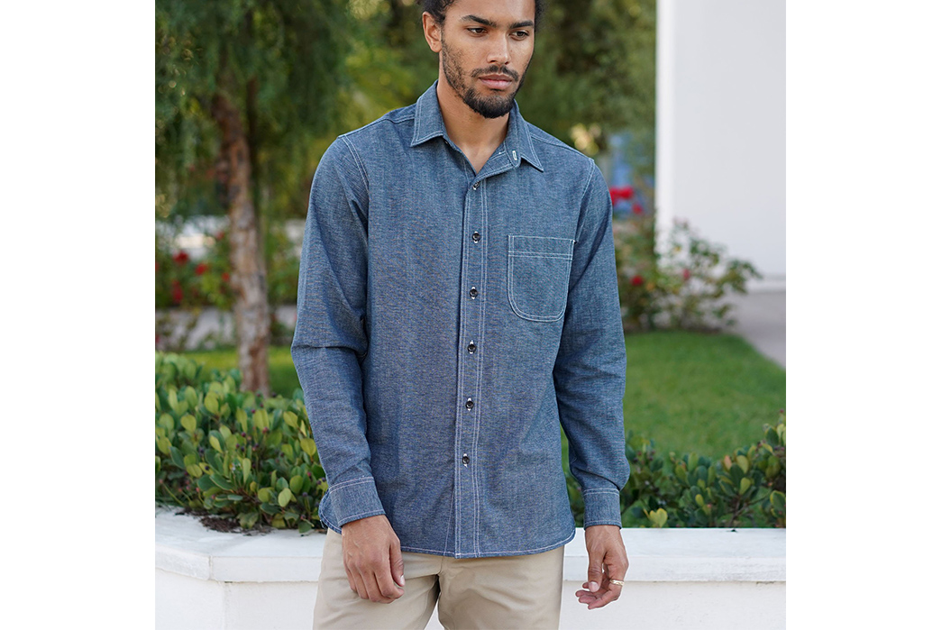 Epaulet-Renders-Its-Chaintitch-Shirt-In-Japanese-Chambray-From-Yoshiwa-Mills-model-front