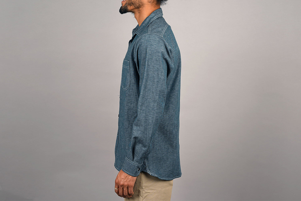 Epaulet-Renders-Its-Chaintitch-Shirt-In-Japanese-Chambray-From-Yoshiwa-Mills-model-side