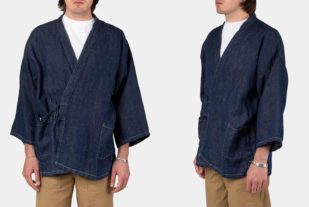 oRslow's-Takumi-Jacket-Ties-Up-Linen-Denim-model-front-side