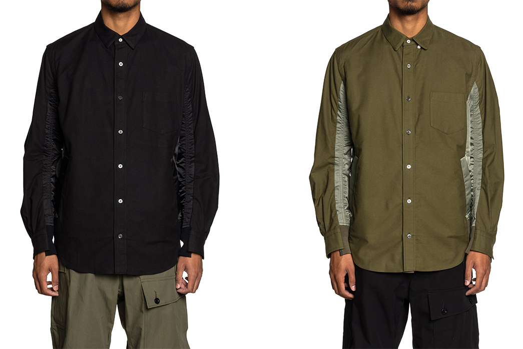 Sacai-Fuses-MA-1-Jackets-and-Button-Downs-For-Its-Nylon-Twill-X-Cotton-Shirt-model-fronts-black-and-green-2