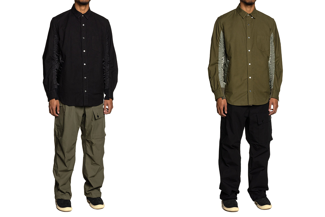 Sacai-Fuses-MA-1-Jackets-and-Button-Downs-For-Its-Nylon-Twill-X-Cotton-Shirt-model-fronts-black-and-green