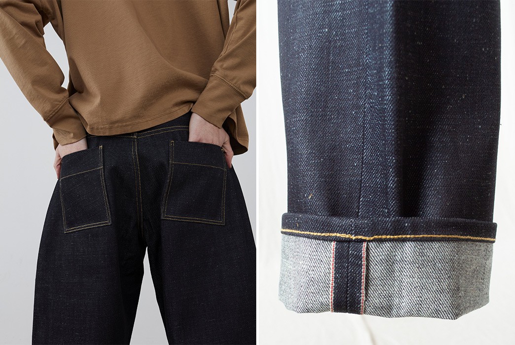 Studio-Nicholson-Crafts-Selvedge-Denim-Jeans-For-the-Femme-Faders-Out-There-model-back-and-leg-selvedge