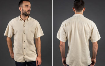 Tender-Co.'s-Short-Sleeved-Bench-Shirt-Comes-In-British-Woven-Cotton-Tote-Cloth-model-front-back