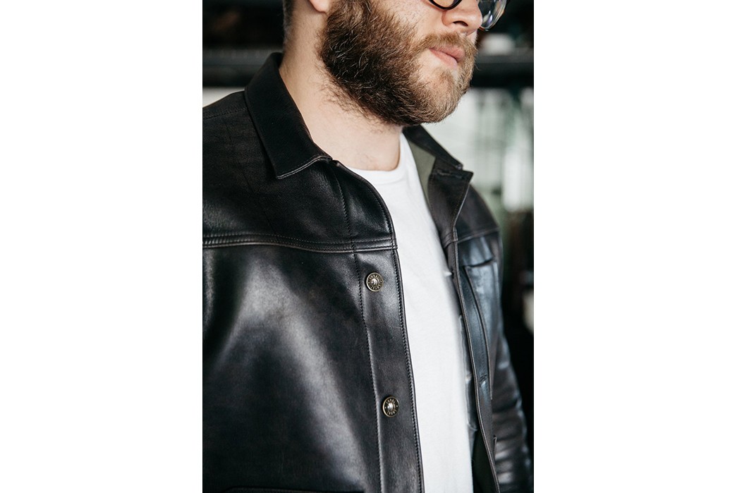 Loyal-Stricklin-Offers-Its-Wayman-Jacket-In-Tumbled-Black-Horween-Chromexcel-Horsehide-front-open