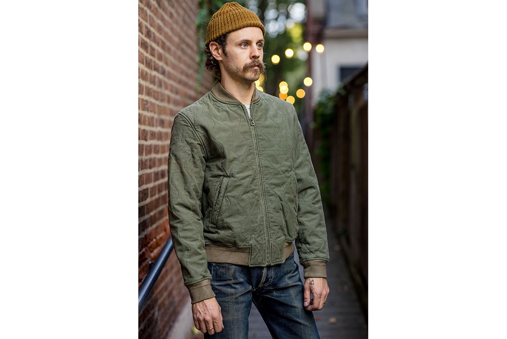 Defuse-The-Cold-With-Tellason's-Cotton-Sateen-Bomber-model-front-side