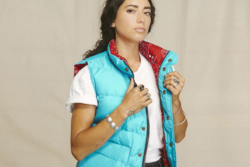 Ginew's-Strawberry-Down-Vest-Pays-Tribute-To-Oneida-Medicine-front-open-detailed