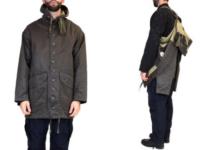 Strap-Into-The-Waxed-Engineered-Garments-Madison-Parka-model-front-back