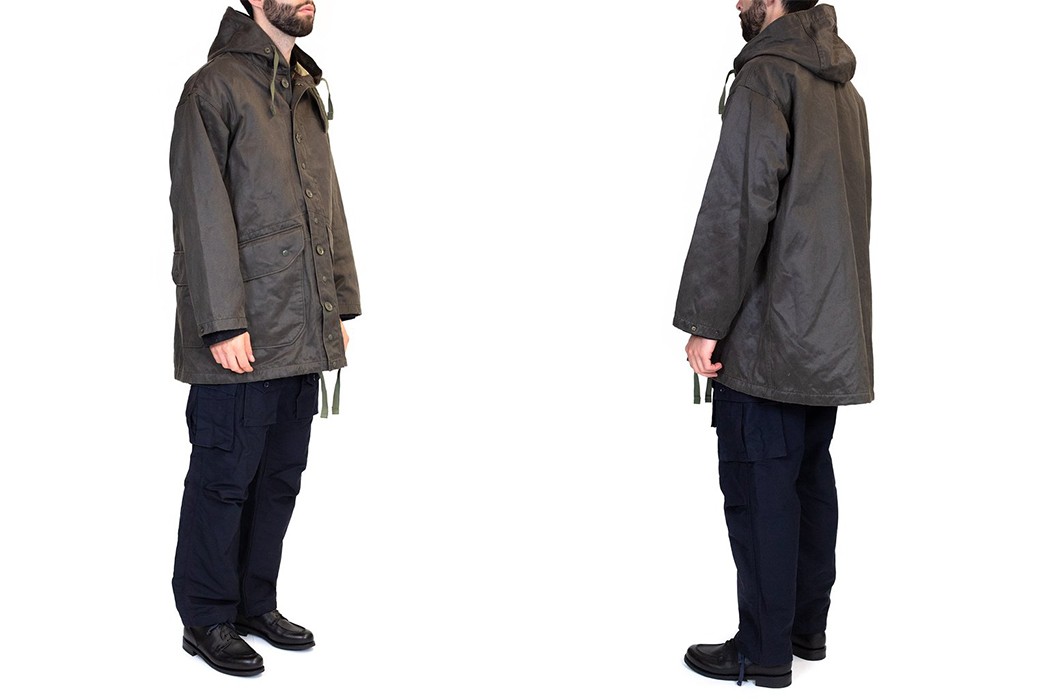 Strap-Into-The-Waxed-Engineered-Garments-Madison-Parka-model-front-back-sides