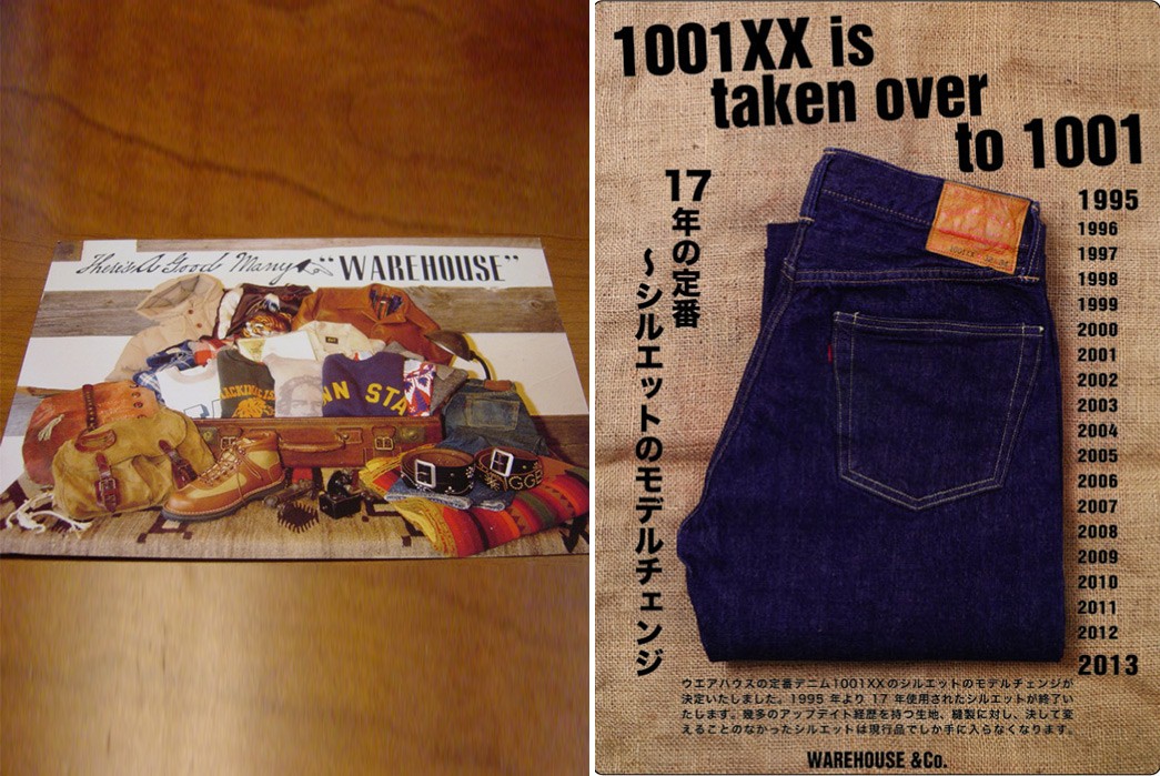 Warehouse-&-Co.---Behind-The-Osaka-Five-Denim-Purists-An-early-2000s-Warehouse-greeting-card-via-Livedoor-Blog-(left)-&-a-2013-advert-for-the-updated-1001-Jean-via-Aiiro-Denim