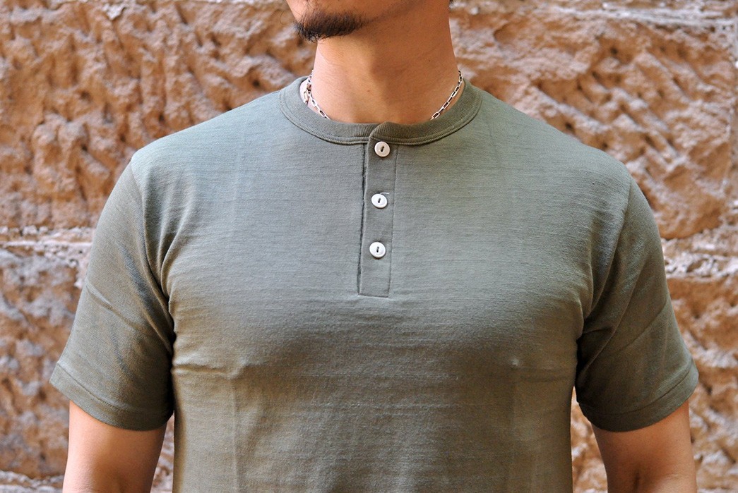 Button-Into-Warehouse-&-Co.'s-'Bamboo-Textured'-Loopwheeled-Henleys-model-front-olive-top