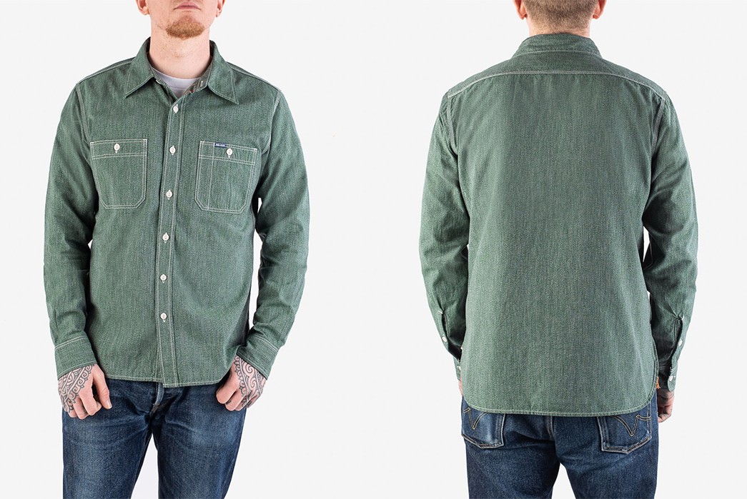 Iron-Heart-Twists-Up-A-Pair-of-Selvedge-Chambray-Shirts-model-front-back-green