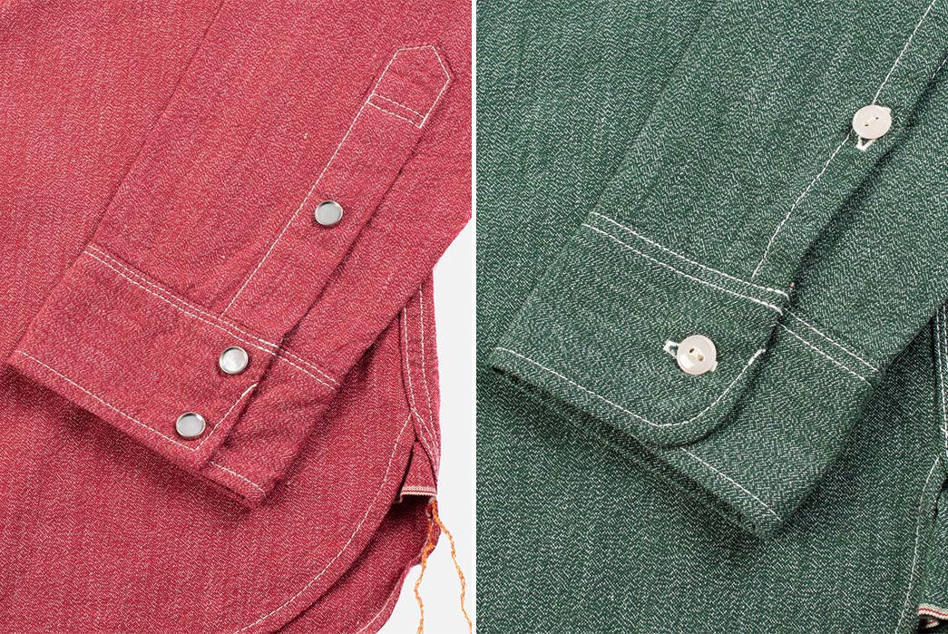 Iron-Heart-Twists-Up-A-Pair-of-Selvedge-Chambray-Shirts-red-green-sleeves