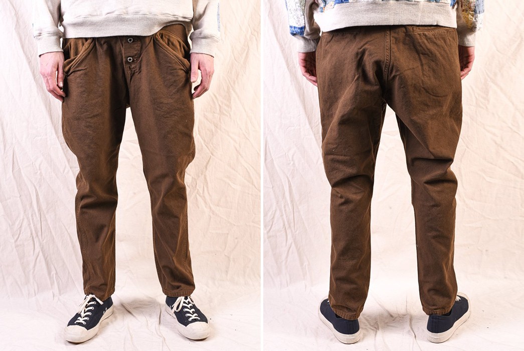 Kapital's-Sarouel-Nouvelle-Pants-Positively-Strange-model-brown-pants-front-back