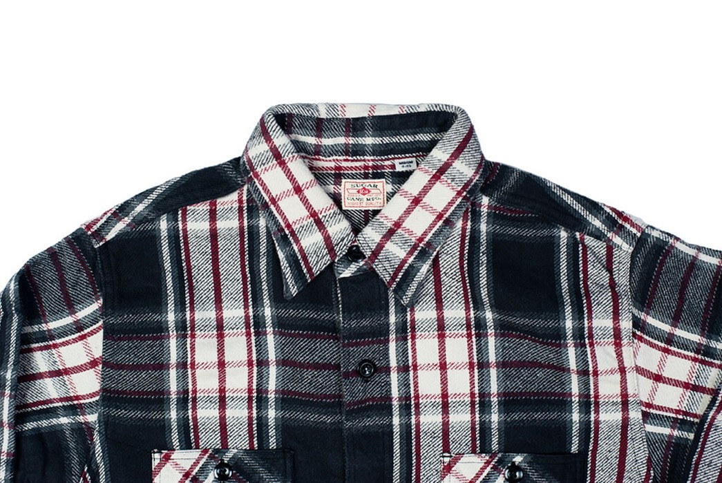 Sweeten-Up-Winter-With-Sugar-Cane's-Twill-Check-Flannel-Shirt-in-Sine-Wave-Black-front-top-collar