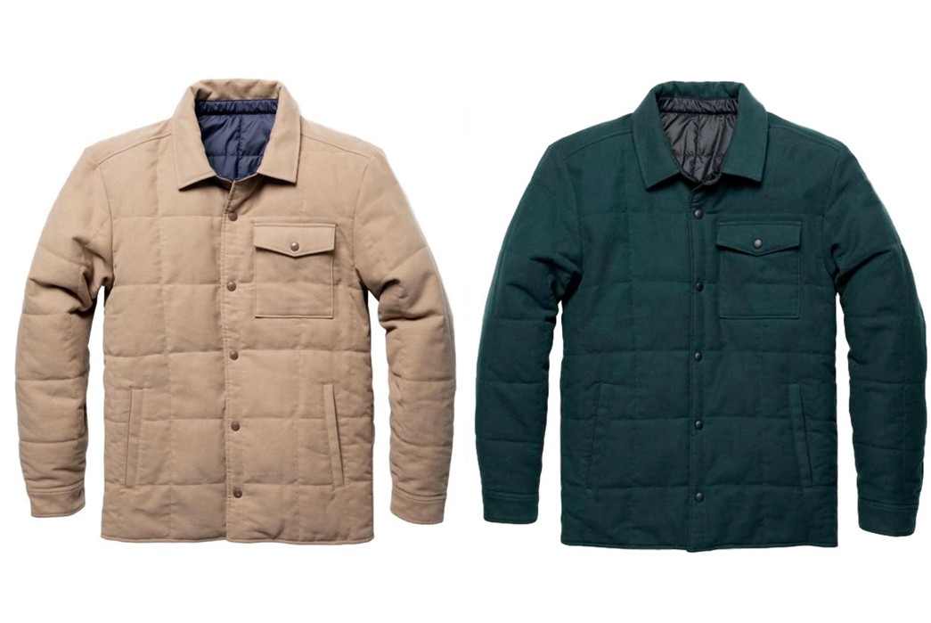 Outerknown's-Reversible-Moleskin-Puffer-Is-a-Versatile-Rain-Or-Shine-Companion-beige-and-green