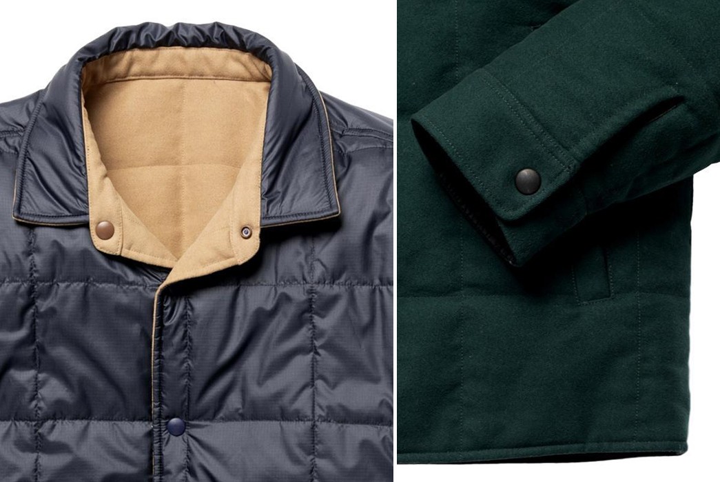 Outerknown's-Reversible-Moleskin-Puffer-Is-a-Versatile-Rain-Or-Shine-Companion-blue-grey-collar-and-green-sleeve