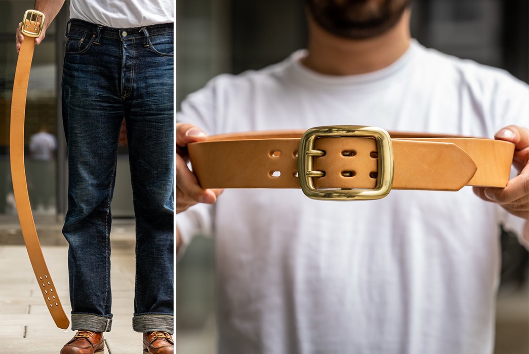 Double-Prong-Leather-Belts---Five-Plus-One-3)-Samurai-Jeans-2-Prong-Heavy-Curved-Belt-in-hands