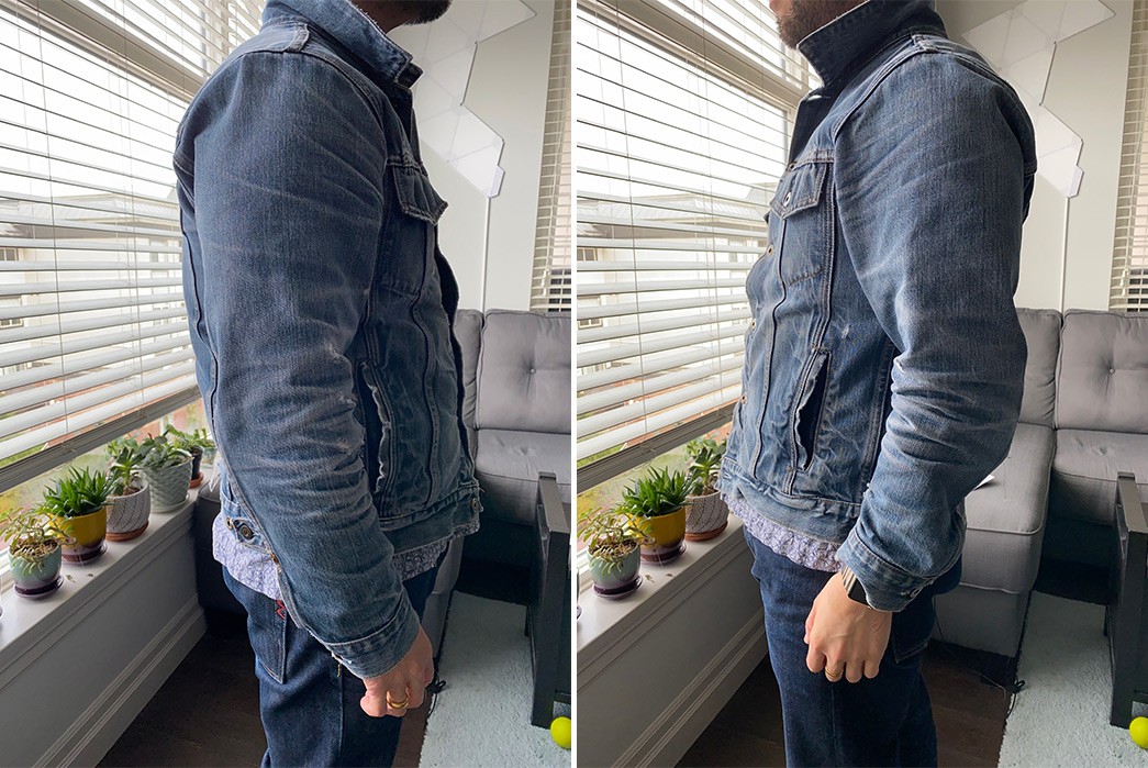 Fade-Friday---Tellason-14-Oz.-Cone-Mills-Jean-Jacket-(4.5-Years,-10-Washes)-model-front-back