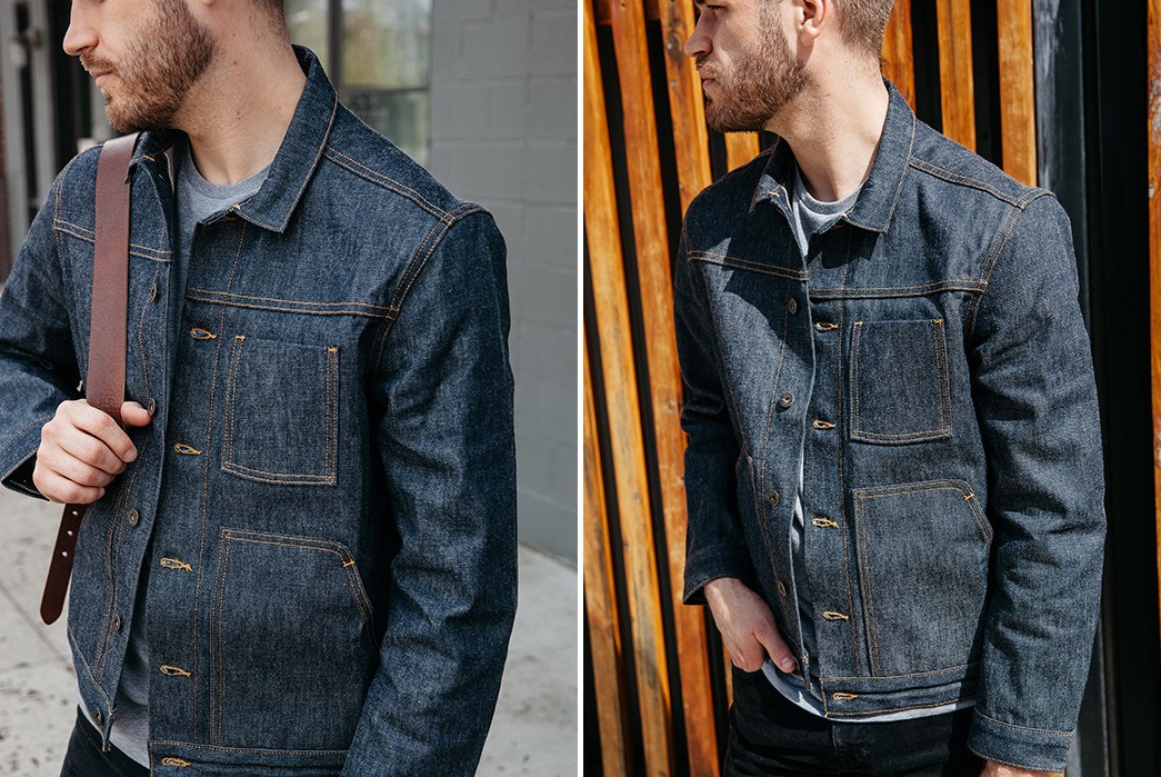 Loyal-Stricklin-Latest-Wayman-Jacket-Trades-Leather-For-Denim-and-Waxed-Canvas-male-model-fronts-up