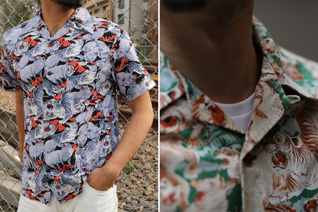 Studio-D'Artisan-Pits-Tigers-Against-Pigs-With-Its-Latest-Aloha-Shirt-model-grey-and-beige-front-detailed