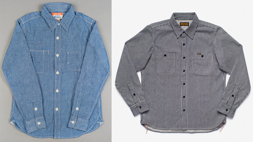 Working-Titles---The-Shawshank-Redemption-Caption-UES-Chambray-Work-Shirt-(left),-172-from-Redcast-Heritage--Iron-Heart-Japanese-Hickory-Stripe-Work-Shirt(right),-265-from-Iron-Heart