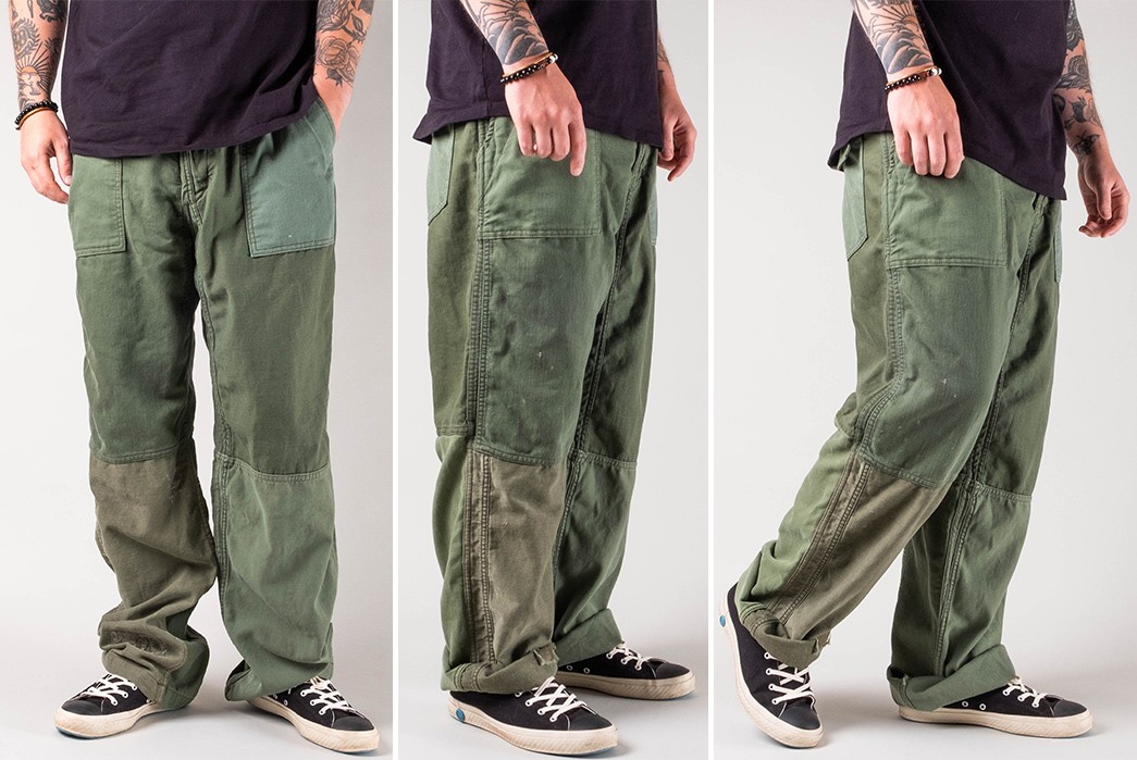 Lone-Flag-Rebuilds-Vintage-Military-Laundry-Bags-into-Patchwork-Fatigues-model-front-sides