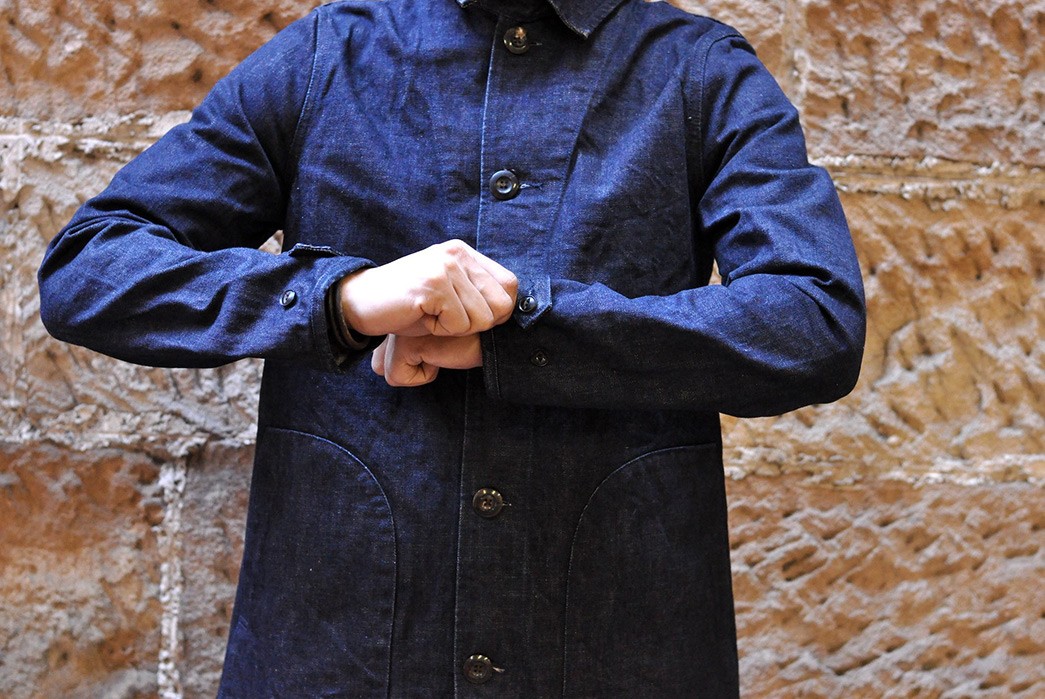 UES-Applies-Its-Signature-Denim-To-A-Tailored-Worker-Coat-model-front-detailed