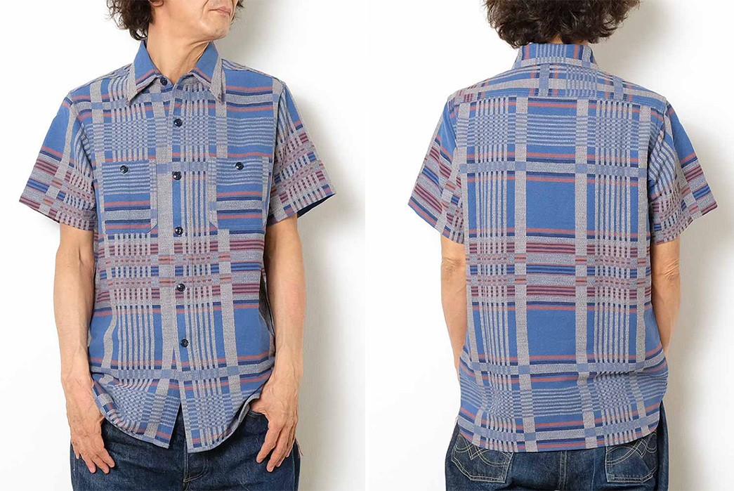 Twist-&-Shout-In-Sugar-Cane's-Mock-Dobby-Check-S-S-work-Shirt-model-blue-front-back