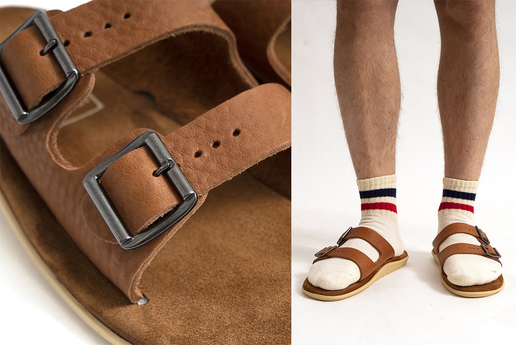 American-Trench-Collaborates-With-Island-Slipper-For-Quartet-Of-Leather-Sandals-brown-and-on-model