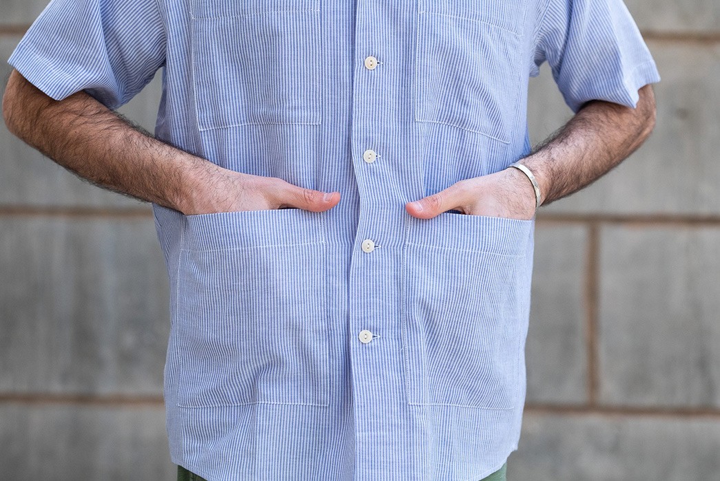 Blluemade's-Noguchi-Shirt-Is-NYC-Made-Summer-Perfection-model-front-hands-in-pockets