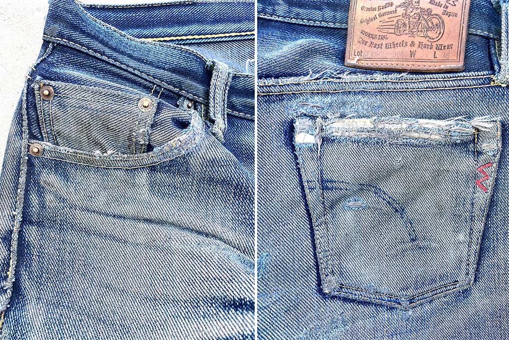 Fade-Friday---Iron-Heart-x-Self-Edge-SExIH22-301S-(7-Years,-5-Washes,-1-Soak)-top-pocket-front-and-back