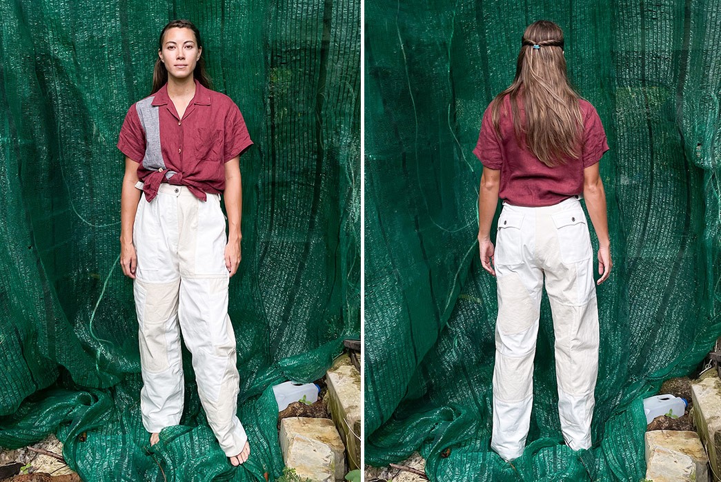 W'menswear's-Good-Ol'-Whats-her-face-Line-Crafts-Sustainable-Unisex-Flight-Pants-With-Nama-Denim-model-front-back
