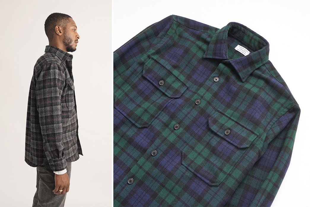 American-Trench-Comes-Through-With-More-Woolrich-Wool-Plaid-Overshirts-grey-model-and-green