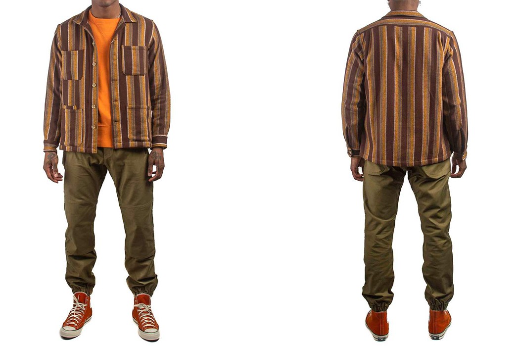 Battenwear's-Vertical-Stripe-Canyon-Shirt-Embodies-Fall-model front-back