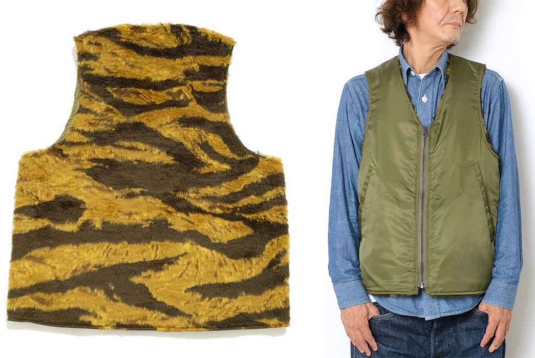 Earn-Your-Stripes-With-Buzz-Rickson's-Tiger-Camo-Reversible-Boa-Vest-back-and-front-model