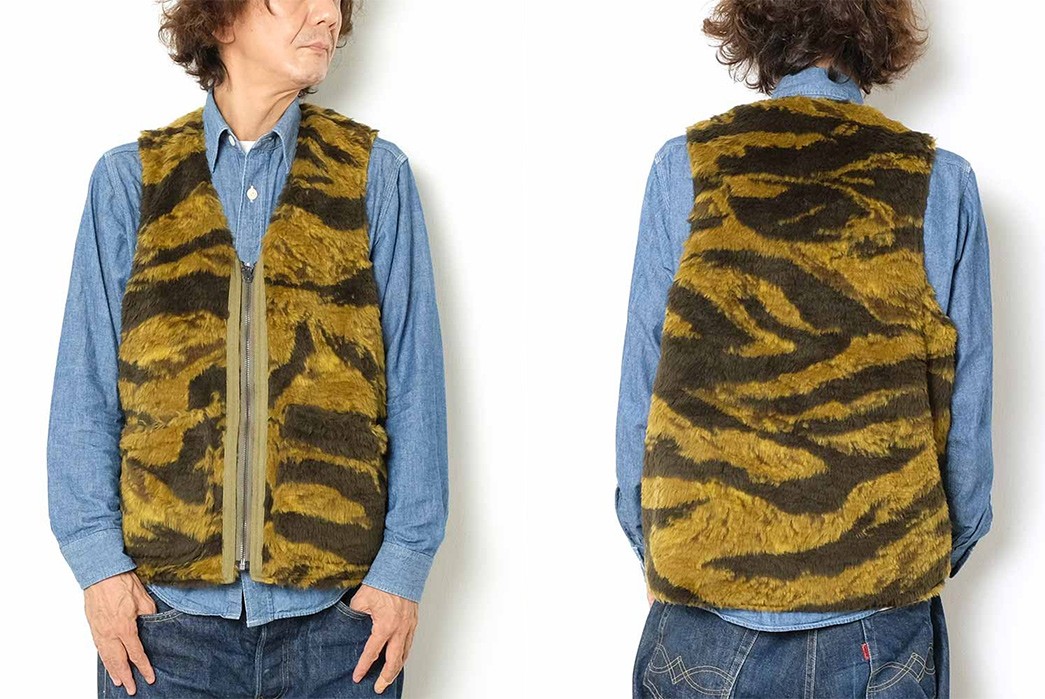 Earn-Your-Stripes-With-Buzz-Rickson's-Tiger-Camo-Reversible-Boa-Vest-model-front-back-outside